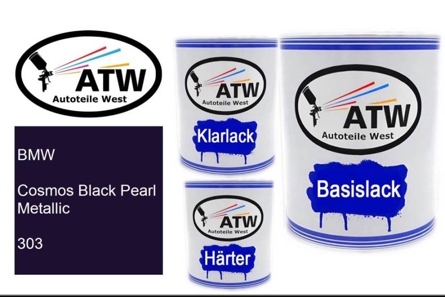 BMW, Cosmos Black Pearl Metallic, 303: 1L Lackdose + 1L Klarlack + 500ml Härter - Set, von ATW Autoteile West.